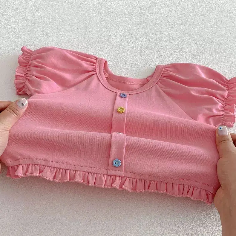Baby Girl Puff Sleeve Short Sleeve 2026 Summer New Childrens Colorful Button Ruffle Top T-Shirt Thin Baby Clothes Trend