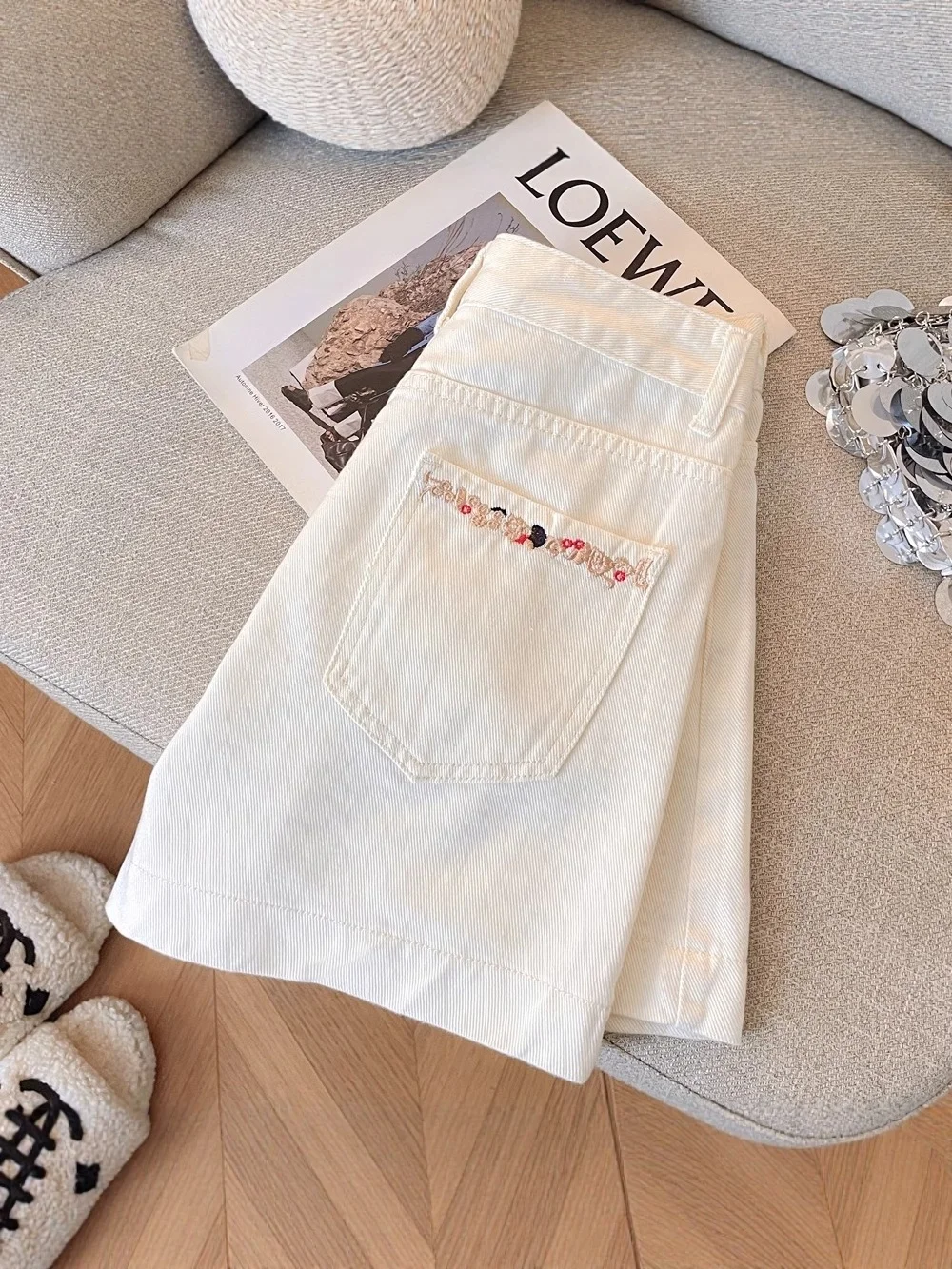 

High Waist White Denim Shorts Women's Summer Fashion A-Line Pants with Pockets Embroidery Wide Leg Hot Shorts Cotton Blend