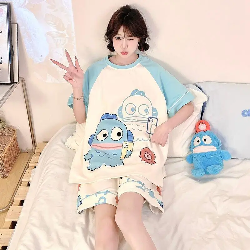 

Kawaii Women's Short Sleeved Short Pajama Set Student Round Neck Cartoon Comfortable Home Wear Women's Casual Soft Two Piece Set