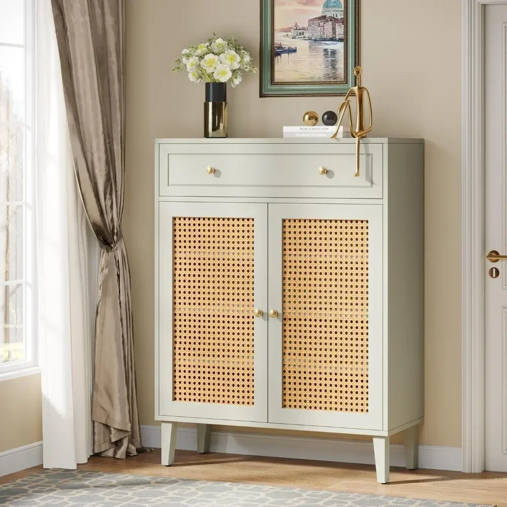 Shoe Cabinet with Doors and Drawer, Modern Shoe Storage Cabinet for Entryway, Mint Green Rattan Shoes Cabinet