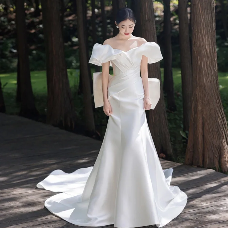 Custom Simple Off Shoulder Short Puff Sleeve Satin Mermaid Wedding Dress Lace Up Back Floor-Length Sweep Train Bridal Gown