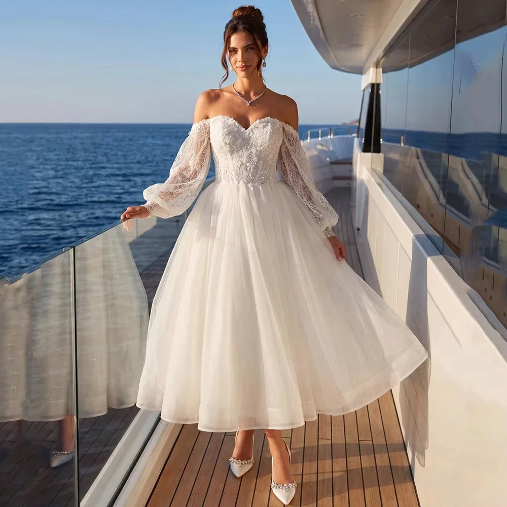 Tulle Wedding Dresses New Puff Sleeves A-line Sweetheart Sequined Lace Appliques Ankle Length Bridal Gown Vestidos De Novia