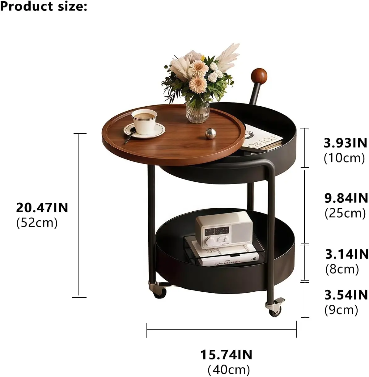 Round Wheeled Side End Table with Rotatable Walnut Top, 2 Tier Multi-functional Side Storage Table with Lockable Wheels for Living Room Bedroom Daily Use