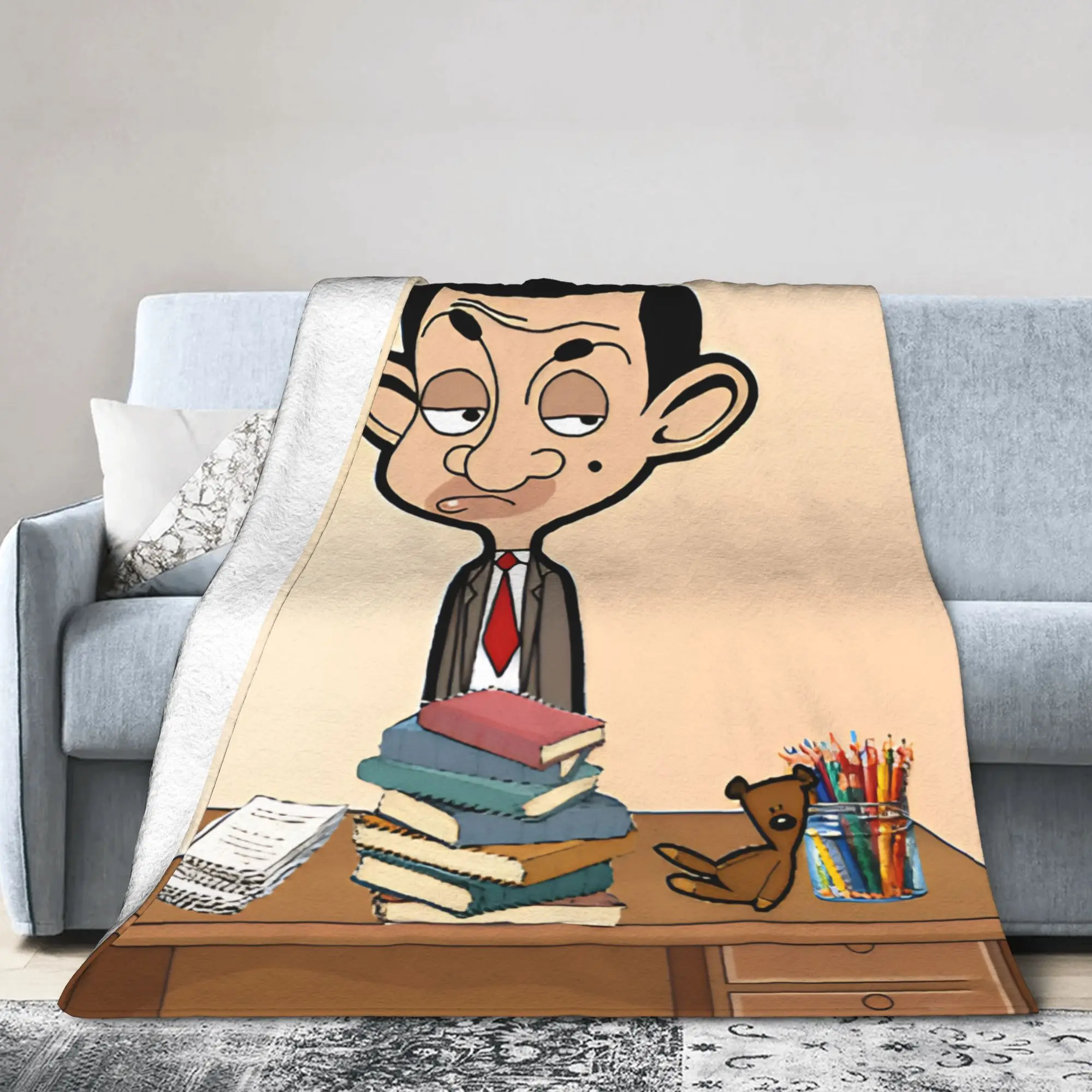 Funny Mr. Beans Cartoon  Knitted Blankets Flannel  Lightweight Thin Throw Blankets for Airplane Travel Bedspread