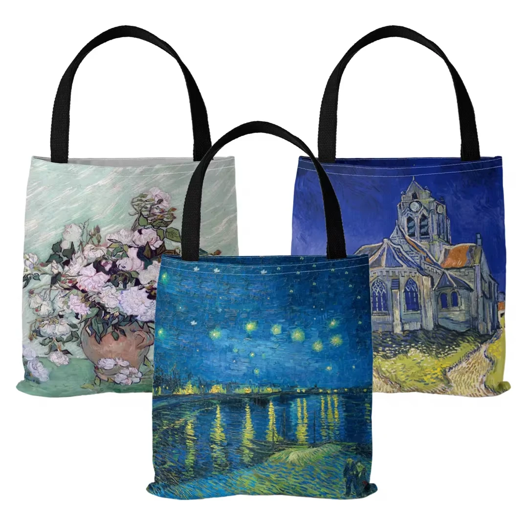 Van Gogh Series Canvas Bag Oil Painting Starry Night Sunflower Apricot Flower Coffee Holder Handbag Lightweight Shoulder Bag