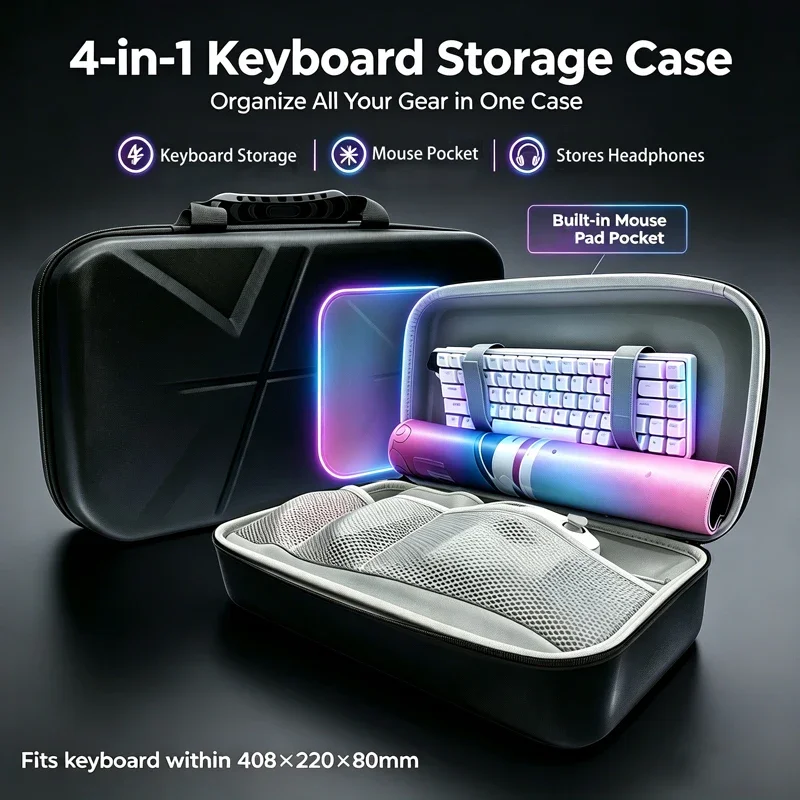 4‑in‑1 Keyboard Storage Case, Travel Carrying Bag for Keyboard, Mouse, Headphones, Mouse Pad, Fits 75/98 Keys Keyboard