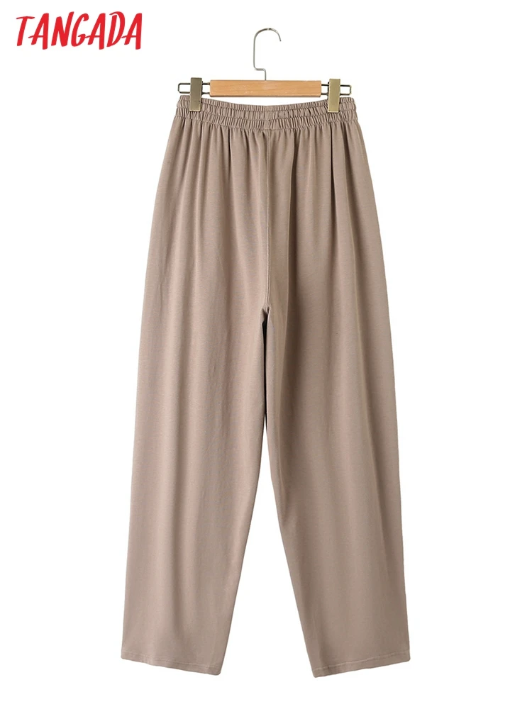 Tangada 2023 Women Solid Cotton Harm Pants Trousers Strethy Waist Pocket Lady Casual Pants 6L61X