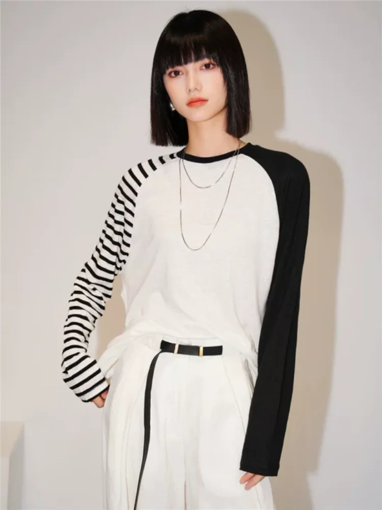 

Early autumn American retro spicy girl striped thin women's T-shirt Y2K Harajuku style black and white contrasting women's top
