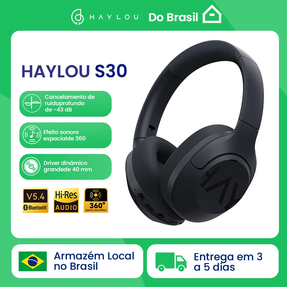 Haylou s30 anc fones de ouvido sem fio bluetooth 5.4 hi-res 43db adaptável com cancelamento de ruído 40mm driver 80h