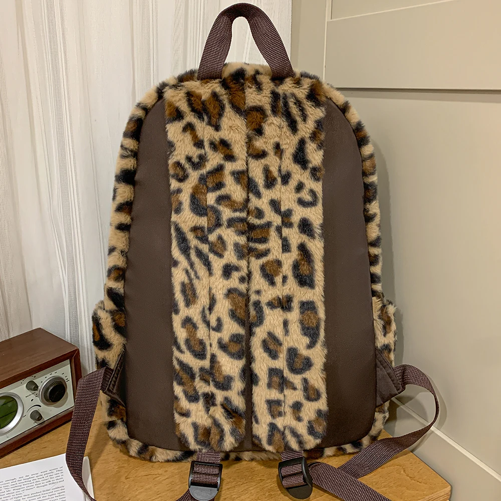 Japanese Spring and Summer New Leopard Print Plush Patchwork Backpack, Plush Computer Backpack, College Style Backpack