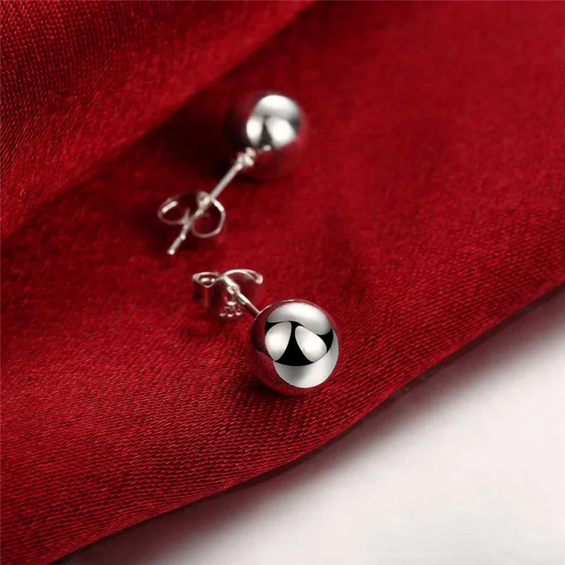 Silver Color 8/10mm Round Smooth Solid Bead Ball Stud Earrings For Women Wedding Engagement Party Jewelry