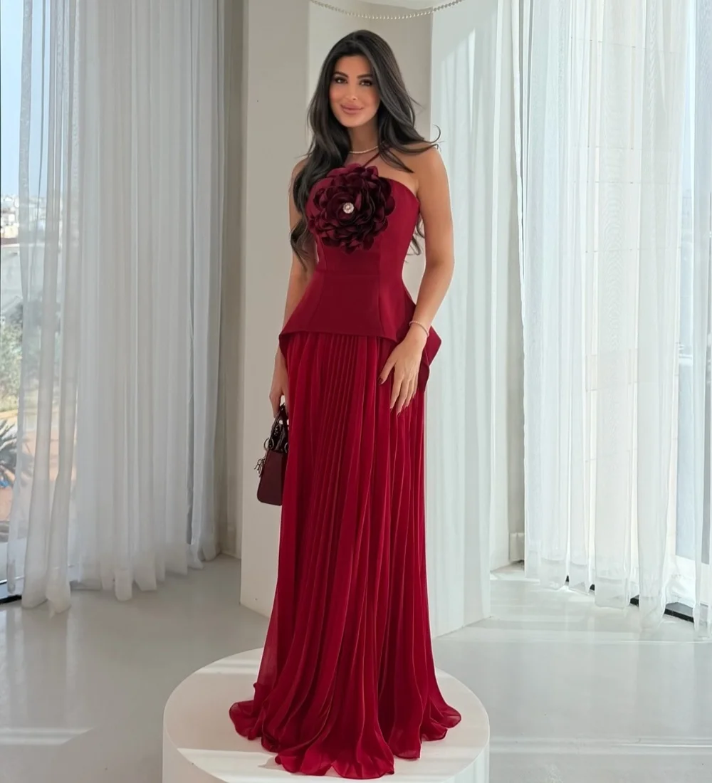 Customized Red Exquisite Classic Jersey Pleat Draped Handmade Flower Rhinestone A-line Halter Long Dresses Evening Dresses