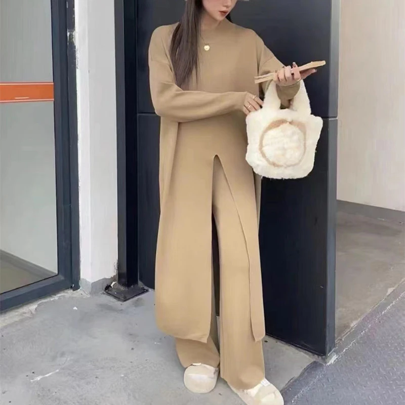 EAEOVNI بلون محبوك 2 قطعة مجموعة النساء شتاء جديد سبليت تصميم سترة طويلة واسعة الساق السراويل السراويل ملابس كاجوال