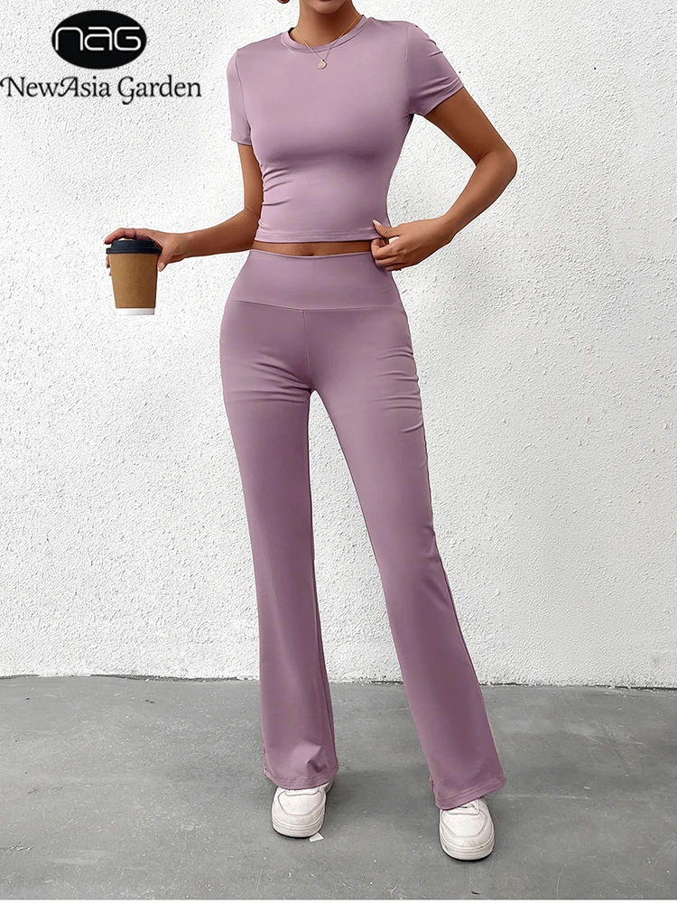 

NewAsia женская футболка с коротким рукавом, прямые длинные брюки, комплект из 2 предметов, круглый вырез, тонкий эластичный пояс, комплекты для йоги, повседневная одежда