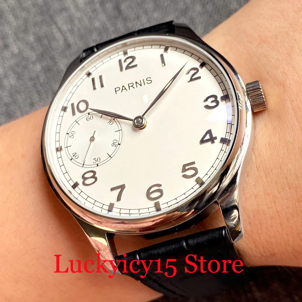 PARNIS Dress Mechanical 44MM 6497 Movement Hand Winding Men Wristwatch Black/White Dial Polished Bezel Leather Strap