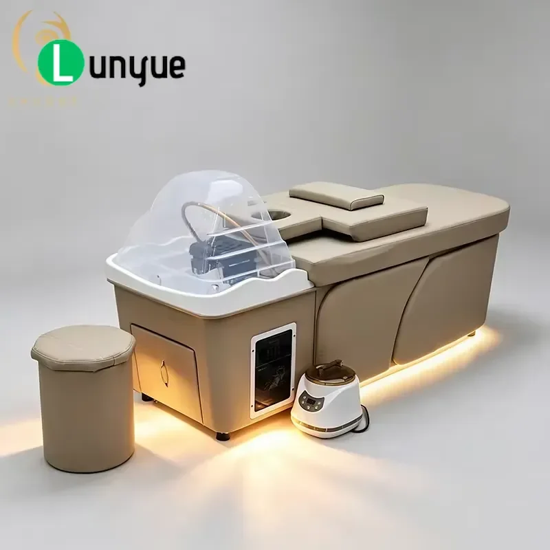 Modern Adjustable Leather Shampoo Bed with Built-in Headrest Stainless Steel Frame Furniture for Hair Washing Beauty