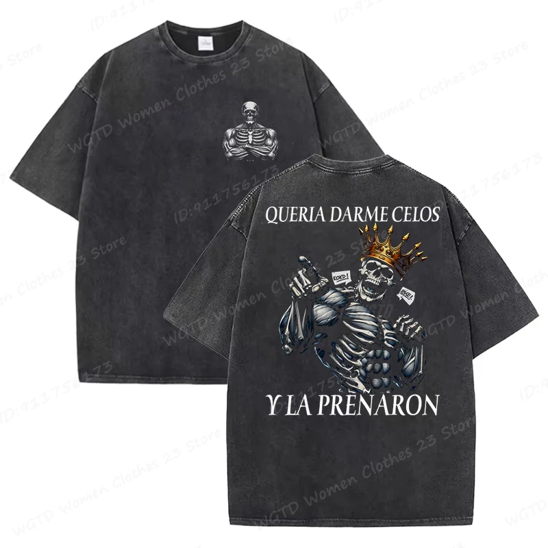 Calacas Chidas Gym Washed T-Shirts Men's Trendy Cool Skeleton & Gym Print Oversized Tshirt Summer Tees Streetwear Casual Tops image 3