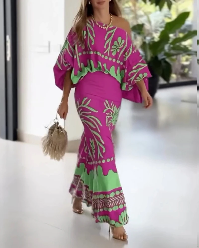 

Sexy Elegant 2 Pieces Outfit Tropical Print Lantern Sleeve Cold Shoulder Loose Top and Casual High Waist Fishtail Midi Skirt Set