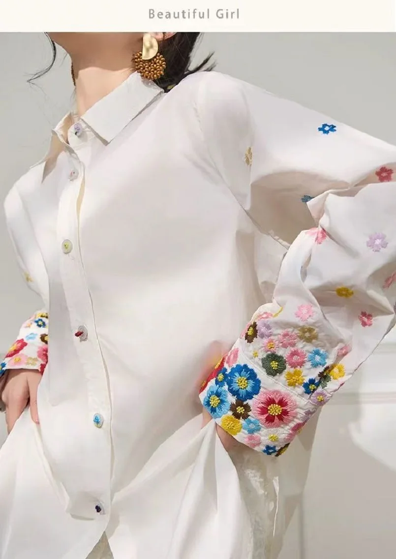

New In Spring 2025 Flowers Embroidery Cotton Shirts Blouses Women's Buttons Up White Top Blusas Korean Popular Clothes