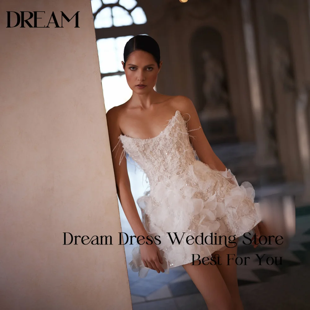 Dream Customized Mini Wedding Dress 2026 Strapless Beaded Bodice 3D Floral Tulle Backless Sleeveless Skirt Cocktail Bridal Gowns