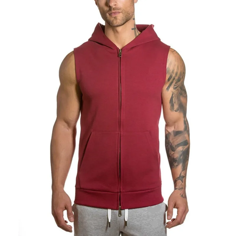 2024 Men\'s Lace Up Hooded Open Front Zipper Sweater Sleeveless Fashion Sports Coat Men\'s Wear