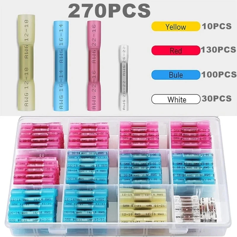 

270PCS Heat Shrinkable Intermediate Connector Insulated Terminal Waterproof Intermediate Terminal Red 130Blue100Yellow10White 30