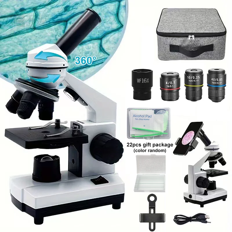 Compound Monocular Microscope with Dual LED Illumination, Portable All-in-One Home Lab Kit for Students & Adults, DIY Scientific