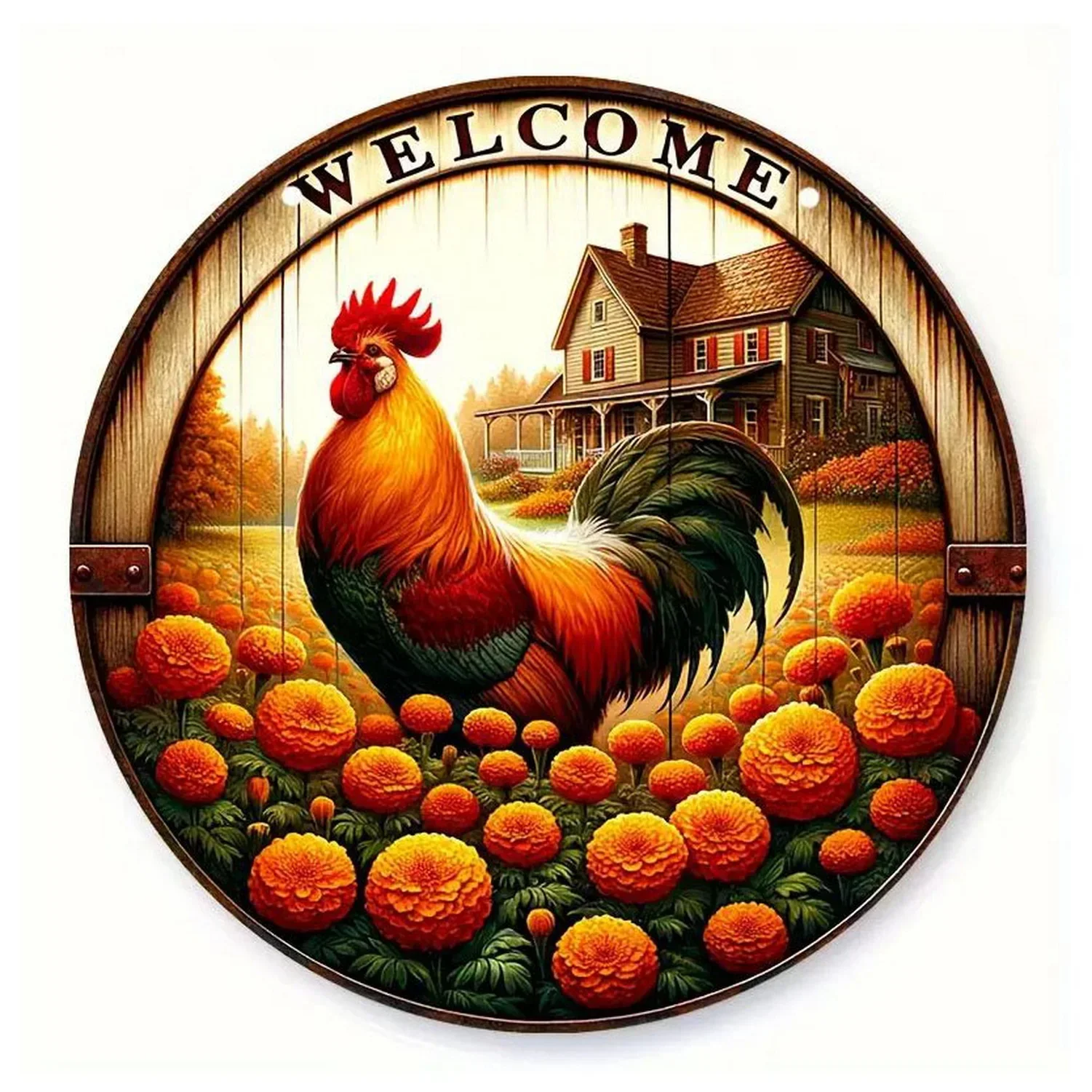 Round Multi Style Rooster 2D Flat Aluminum Sign 20x20cm, Farm Chicken Floral Stained Glass Print Circular Wall Plaque, Country F