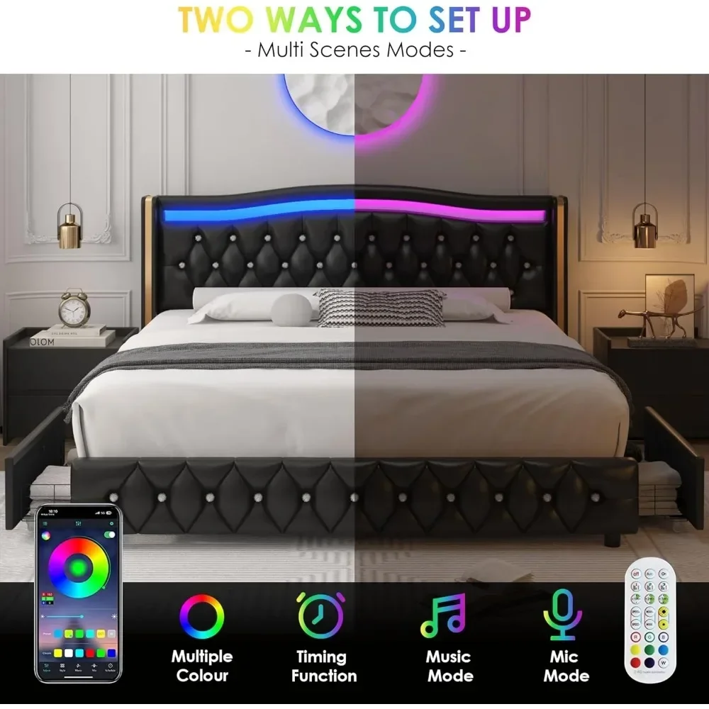 LED Queen Smart Platform Bed Frame with 4 Storage Drawers, Crystal Button-Tufted, No Box Spring Needed/Easy Assembly, Bed Frames