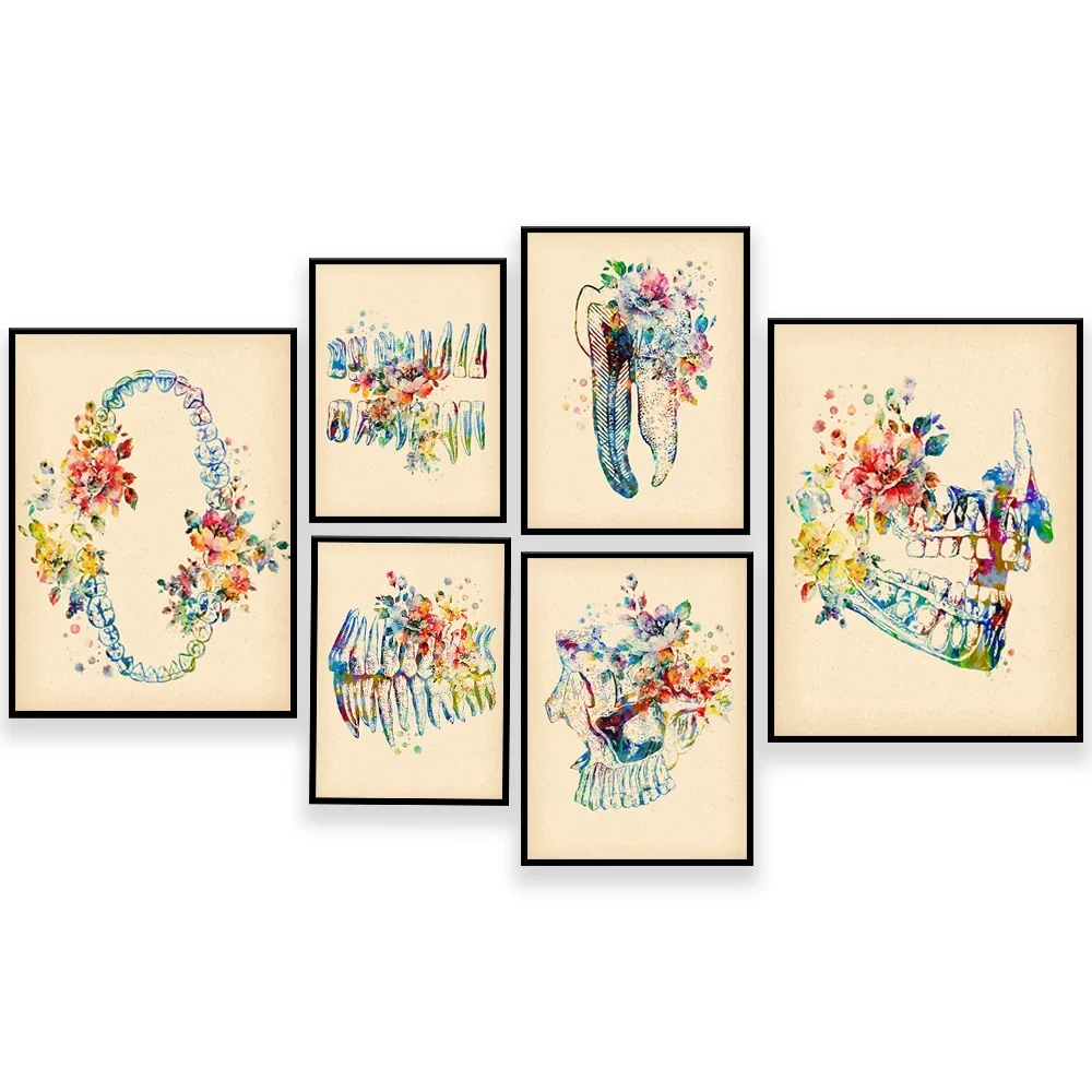 Watercolor Dental Art, Dental Anatomy Drawing, Medical Artwork Tooth Anatomy Art, Orthodontist Dentist Office Gift