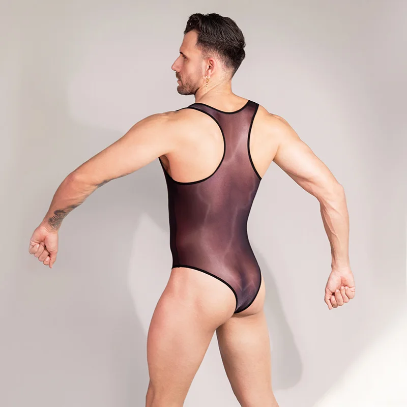 Sexy Bodysuit Oil Glossy Sheer Bodysuit Men Sleeveless See Through Jumpsuit Playsuit Male Undershirt Adult XXX Sex Porno Costume