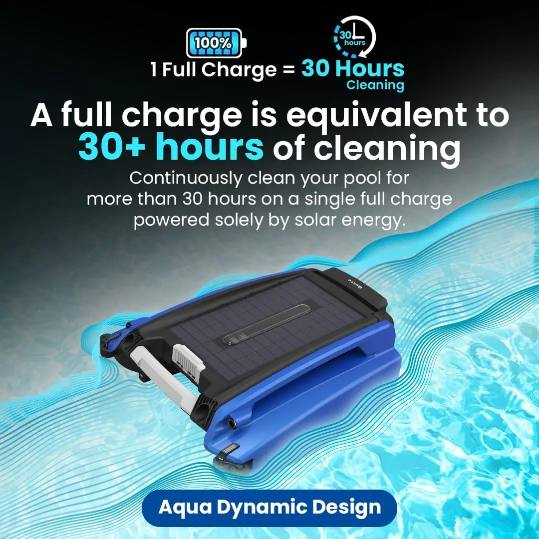 Solar Powered Automatic Robotic Pool Skimmer Cleaner with 30-Hour Continuous Cleaning Battery Power and Re-Engineered T