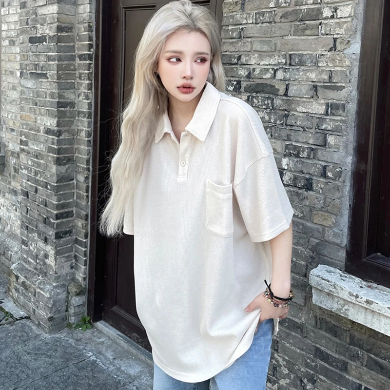 Waffle Vintage Polo Oversized Side Slit 2022 Summer Short Sleeve Women T Shirts Korean Pullover Japanese Fashion Harajuku Tops