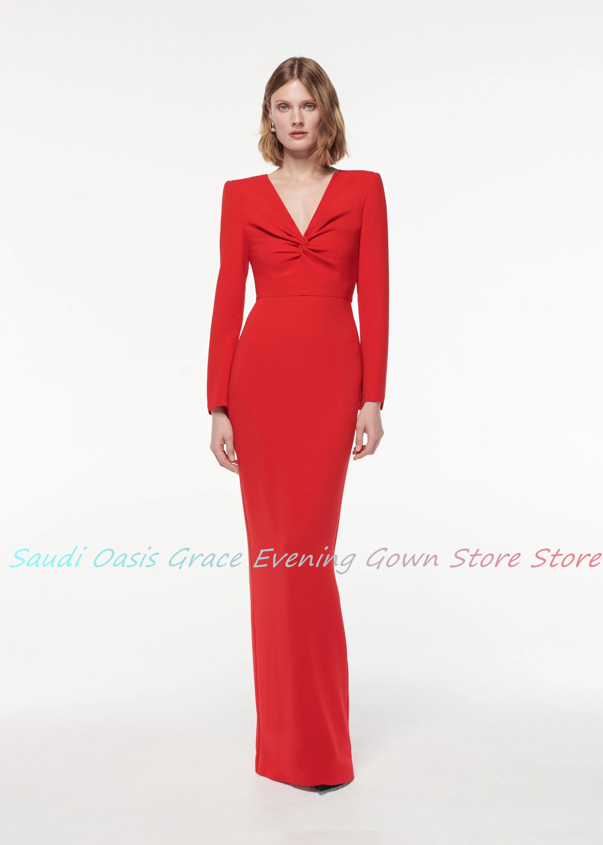 Vestido de noite clássico jérsei reto com decote em V moda até o chão fenda nas costas mangas compridas فسات intelliفvani3).