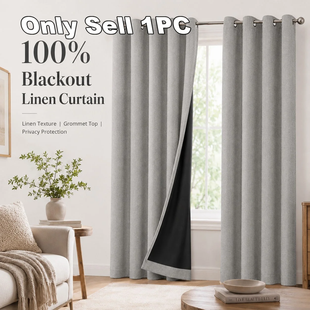 NOSBEI 1pc Grey Linen Texture Curtains, 100_ Blackout Black Coating Back, Grommet Top Thermal Insul