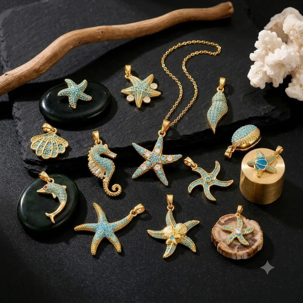 2 Stück blaue Zirkonia-Ozean-Anhänger in Seestern- und Muschelform, Melonen-Anhänger für DIY-Halsketten, Ohrringe, Schmuckherstellung, Bastelbedarf – Detail 2