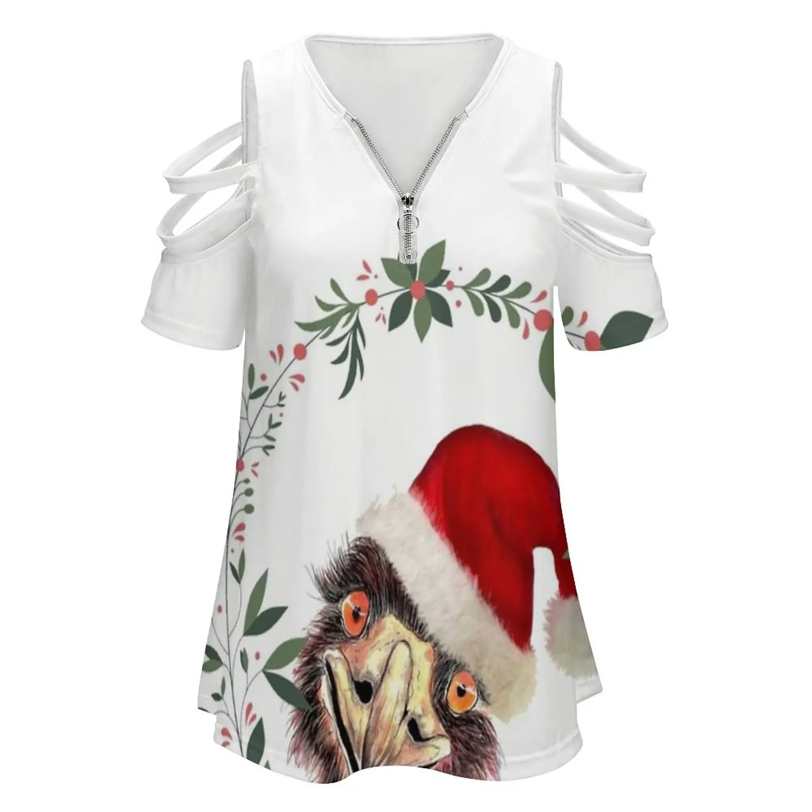 Santa's Emu A Aussie Christmas Women Zipper Various styles Printed T Shirts Tops Full Print T-Shirt Emu Santa Christmas Australi