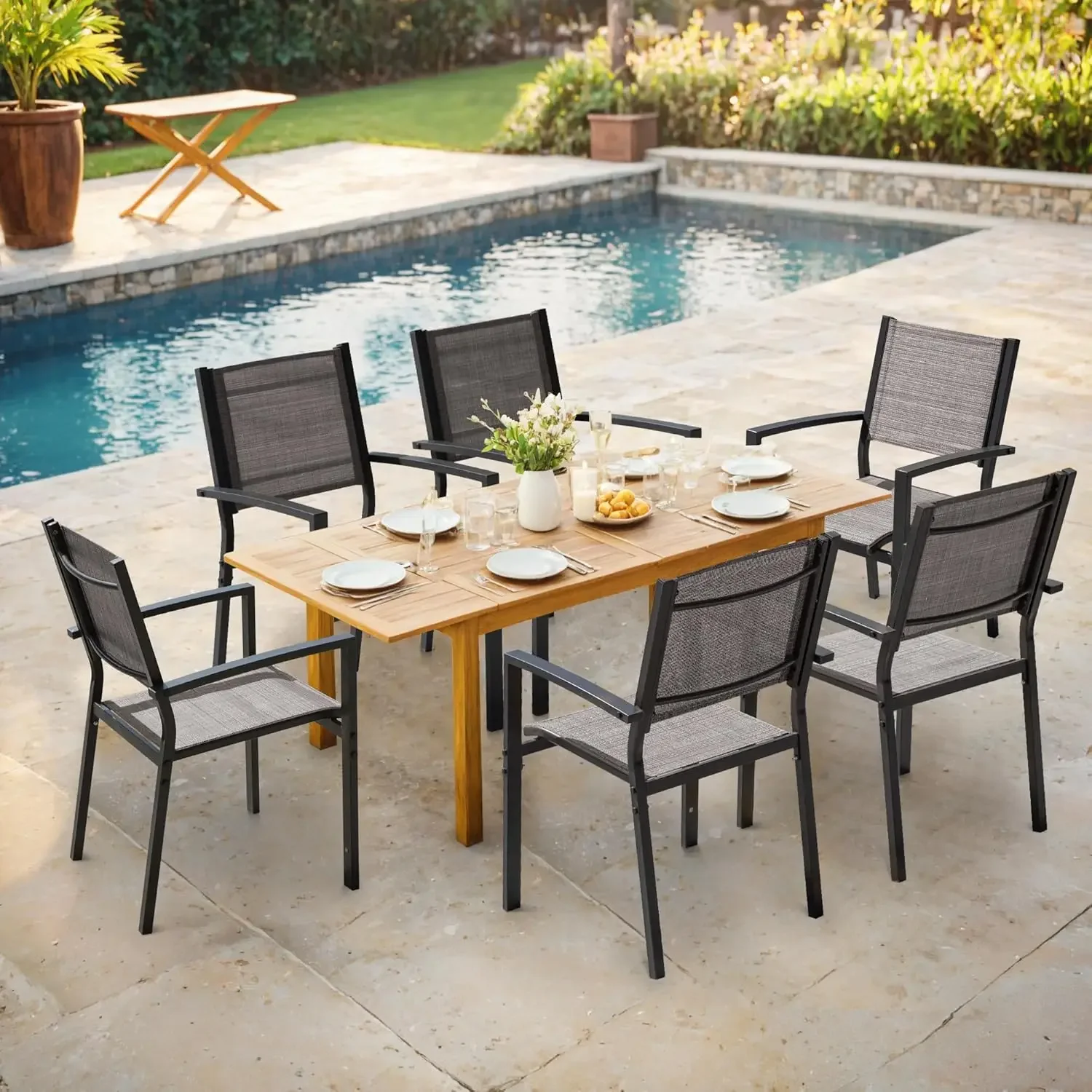 Patio Chairs Outdoor Chairs Set of 6 Dining Chair for Backyard, Deck (Grey)