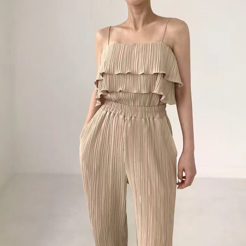 

HELIAR женский комплект плиссированная майка на тонких бретельках и широкие брюки комплект из 2 предметов пляжные костюмы для отдыха летние женские наряды