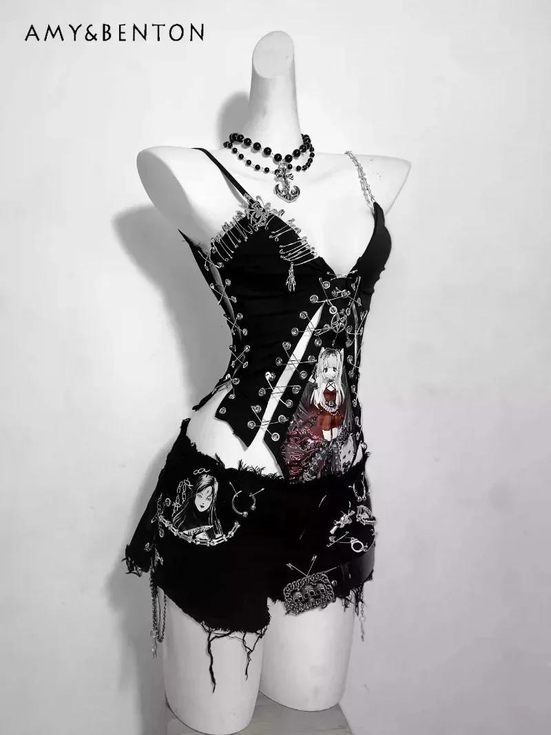 서브컬쳐 다크 고딕 컷팅 바디수트 애니메이션 래지드 슈퍼 쇼츠 핫 걸 세트