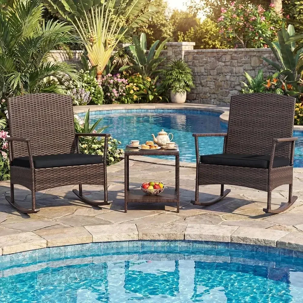 3-Piece Outdoor Wicker Bistro Set with 2-Tier Glass Table and Cushioned Chairs for Patio, Garden, or Poolside (Black)