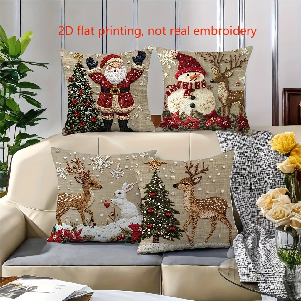 17.72inch Christmas Pillow Covers - Traditional Holiday Decorations with Santa, Snowman, Reindeer - Zipper Closure Cushion Cases