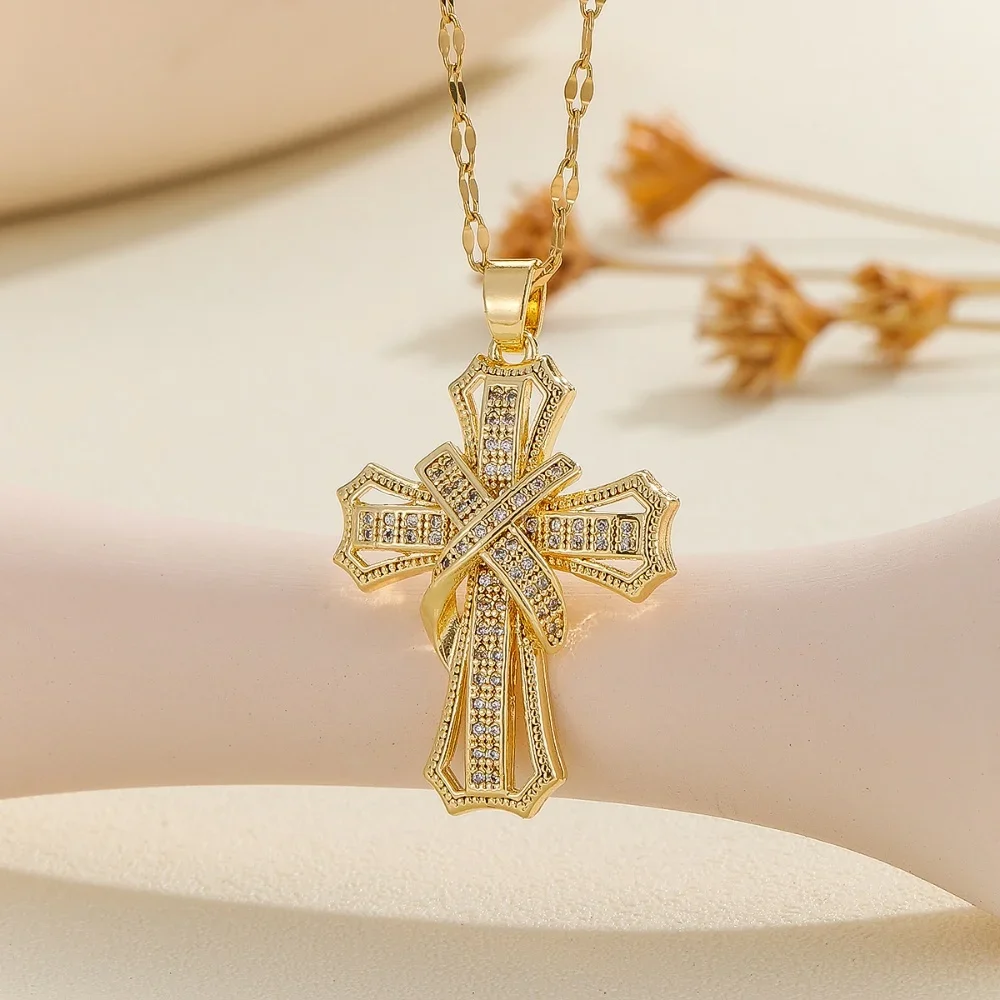 Popular New Classic Necklace Cross Pendant Copper Micro-Inlaid Gold-Plated Simple And Exquisite Clavicle Chain Necklace