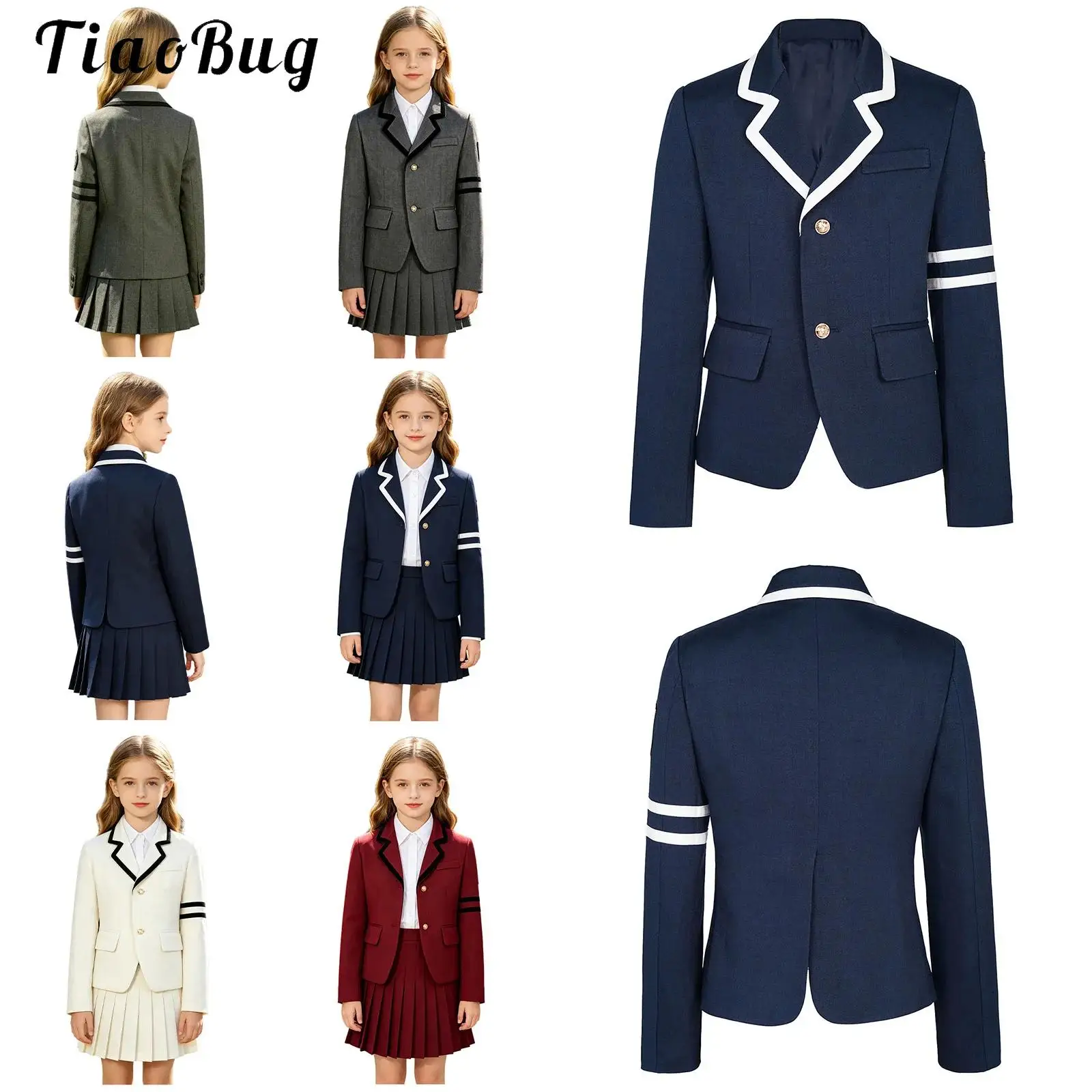 Kids Long Sleeve School Jacket Uniform Lapel Collar Back Slit Coat Contrasting Trim Button Outwear with Flap Pockets