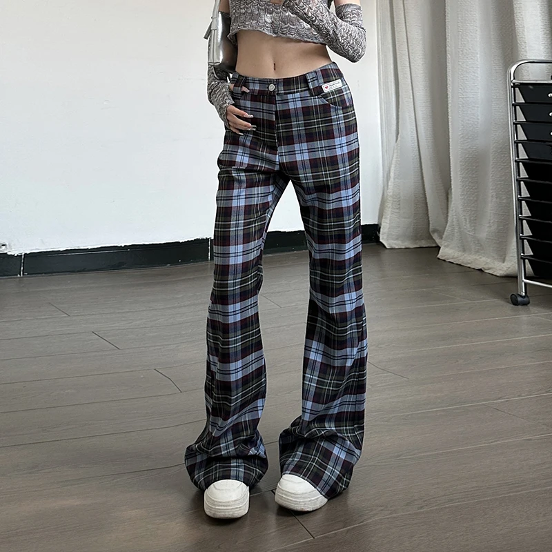 

American Retro Plaid Printed Micro Flared Casual Pants, Spring and Summer New Spicy Girl Fashion Versatile Leg Long Pants