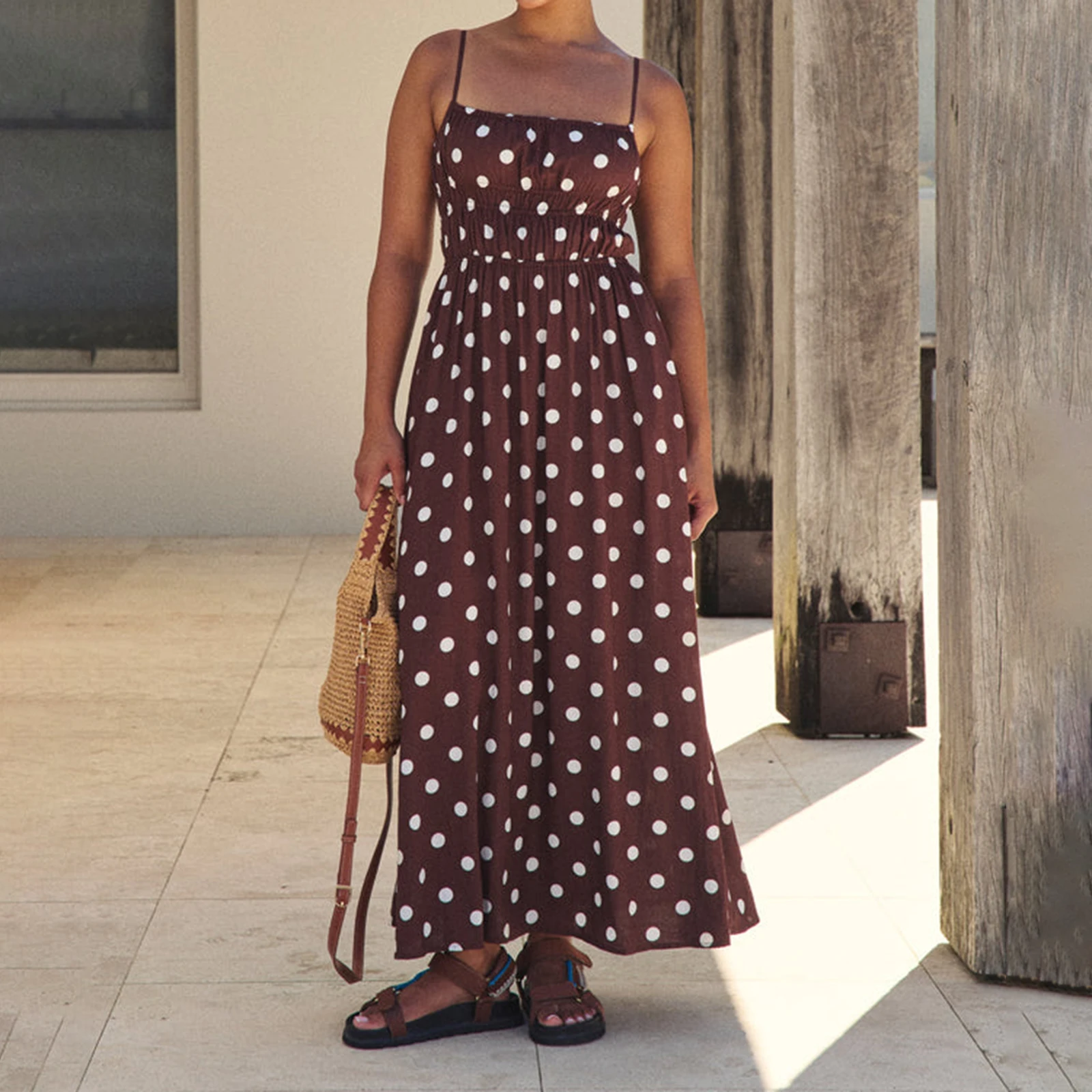Combhasaki Abito lungo da donna estivo con tracolla sottile regolabile Y2K a righe/punte con stampa smock collo quadrato senza schienale a trapezio