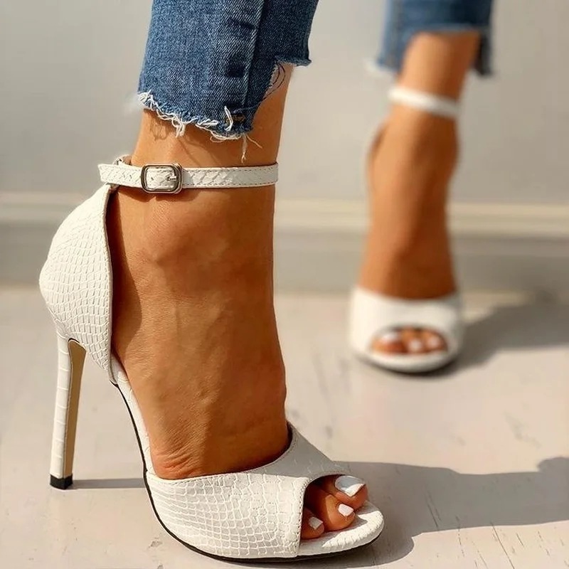 Fashion Sexy Dress Wedding Shoes Women Ankle Strap Peep Toe High Heel Sandals Super High Heels Buckle Snake Pattern Woman Pumps view 4