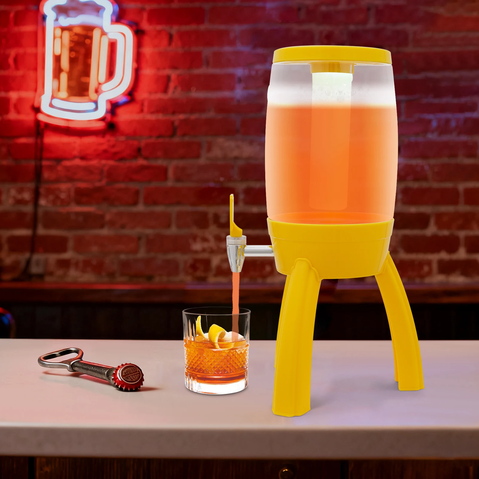 Yellow ABS/PET 3L Three-legged Craft Beer Barrel with Faucet LED Icicle Lamp Party Wine Distributor