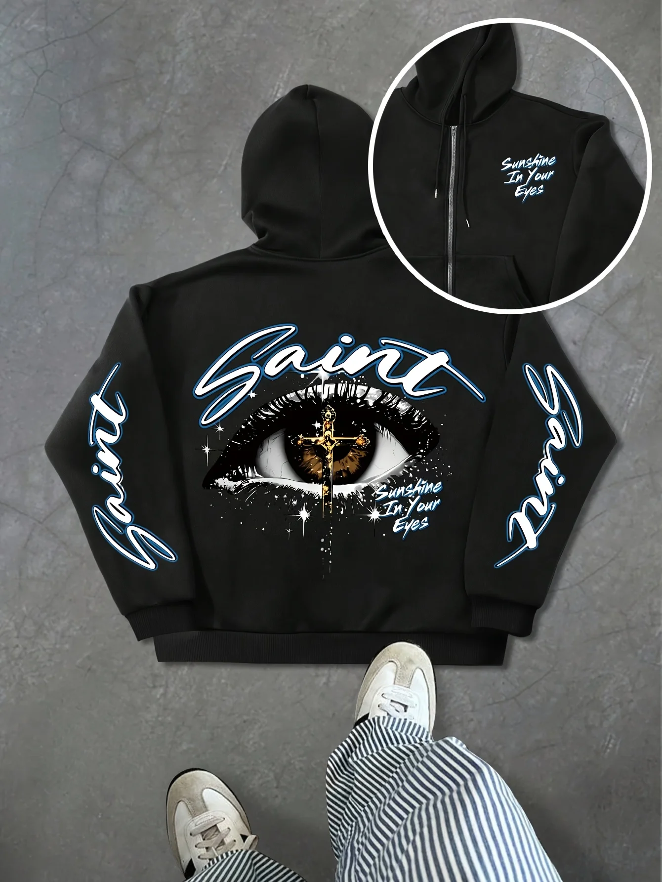 フード付きスウェットシャツジャケット、英語の文字プリントと目元に十字架、男性と女性のためのミニマリストフード付きスウェットシャツ