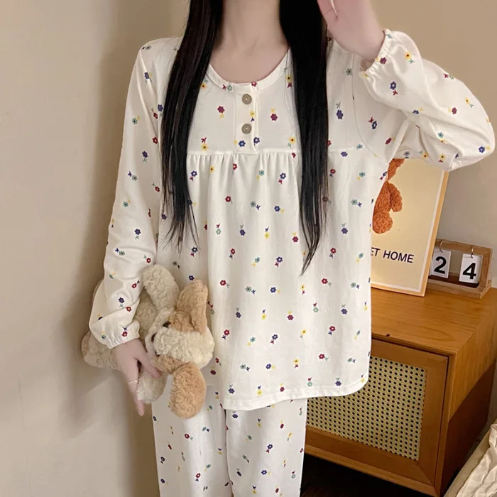 Kawaii anime moda casual sexy conjunto de pijama novo pijamas de manga comprida para mulheres com imitação de algodão em torno do pescoço pulôver solto